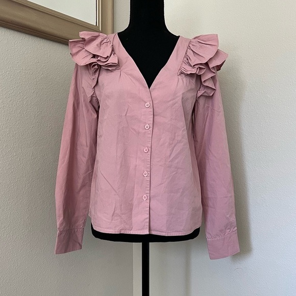 Essue Poplin Ruffle Button Down Shirt Statement Sleeves - Picture 2 of 5